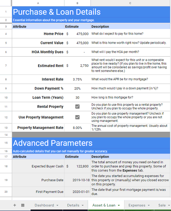 Real Estate Template Screeenshot of the "Asset & Loan" tab.