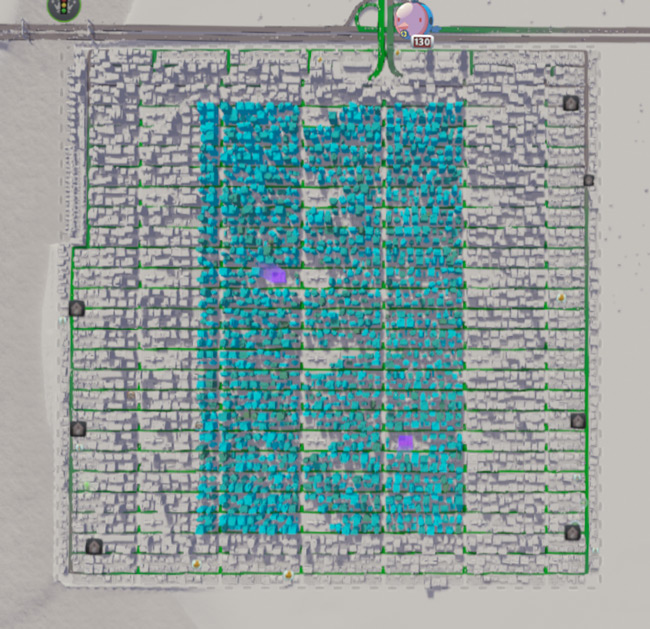 Residential zones in the middle of the map.