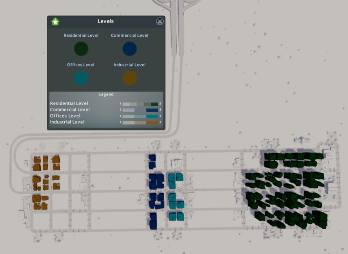 Showing the layout and proportions of fully leveled RICO zones in Cities Skylines.
