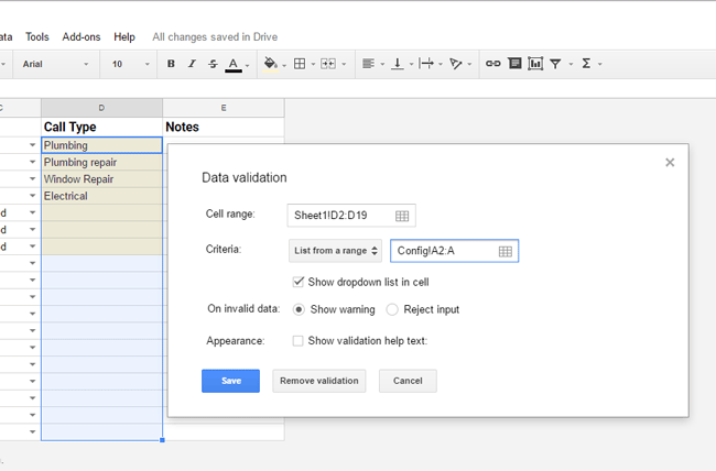 Data validation on the tracker sheet.